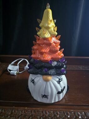 Halloween Stacked Tree Gnome Ceramic Night Light - Orange, Yellow, Black, White